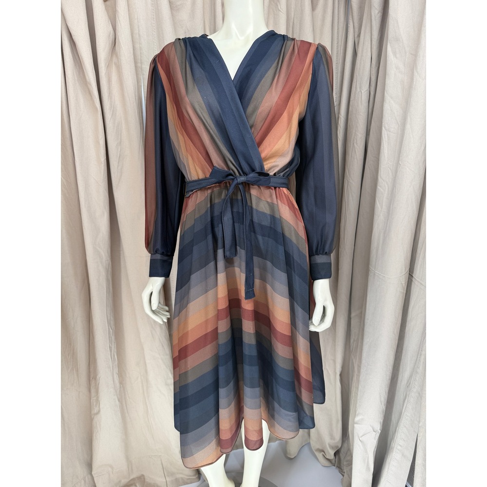 Vintage AJAX New York Striped Belted Midi Dress Long Sleeve Surplice Size 16